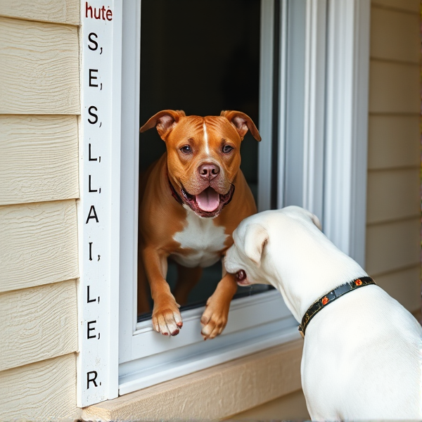 Brown pitbull escapes through window, with offended white pitbull on other side of window