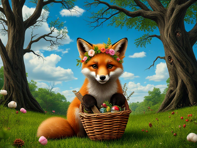 Enchanting miniature fox with amber fur, sitting serenely in a lush, emerald green forest clearing. The fox is adorned with an intricate wreath composed of vibrant wildflowers, each petal meticulously detailed, interspersed with sprigs of verdant greenery and delicate ferns. Clutched gently in its mouth, a quaint wicker basket filled to the brim with an assortment of foraged forest treasures: ripe berries, glistening under the sun's kiss; a smattering of sparkling gemstones; and whimsical trinkets that gleam with a magical aura. Overhead, the sky boasts an ethereal shade of azure, stretching infinitely above, while whimsical cotton clouds drift lazily by. The scene is imbued with a sense of surrealism reminiscent of Salvador Dali's imaginative landscapes—melting clocks and elongated shadows cast by unseen objects mingle within the tableau, bending reality at the edges. Tim Burton's gothic flair weaves through the composition as twisted trees curve overhead, their branches arching like darkened ribbons against the sky’s canvas. Mysterious eyes peek from knotholes and shadows, adding a layer of mystique to this fantastical domain