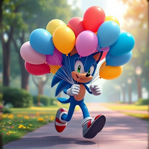 Sonic the hedgehog, holding big bunch of many colorful 16 inch balloons bouquet, running, park, anime style