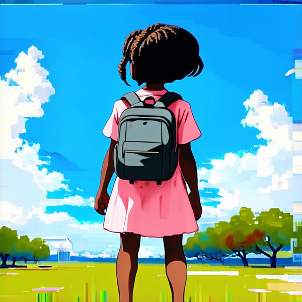 jolie petite fille noire de 8ans en robe avec des tresses africaines avec un sac à dos devant l'école