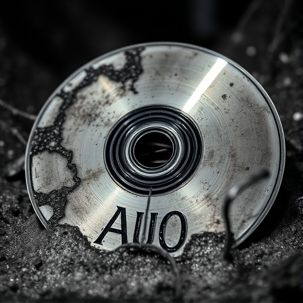 A weathered, oxidized compact disc with  "AUO" letters, placed just below centre. The CD is angled to catch the light, emphasizing its rustic texture.