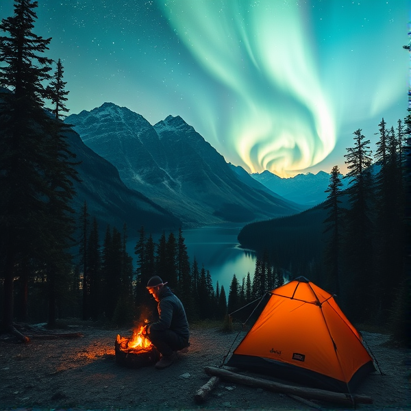 A man camping far away in aurora with mountains and trees with fire and lake from a forest view far away