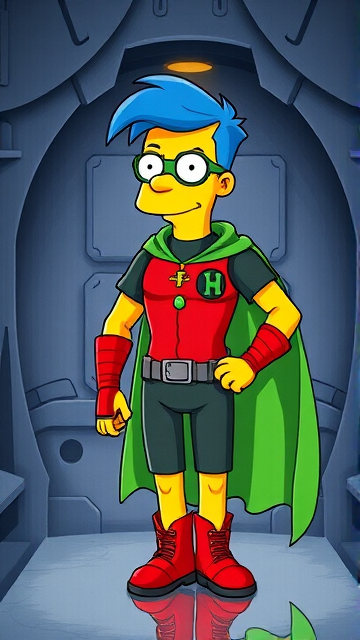 Milhouse Van Houten from The Simpsons, with his yellow skin, really big round nose, and blue hair that's slicked back and curled up at the top, but as a tall, 18-year old teenager, dressed as a parody of Robin, The Boy Wonder, with an extremely muscular torso and arms, a dark green bodysuit with a red torso adorned with a green H symbol on his chest, a grey utility belt, red boots, red long-cuffed gloves, a big, heel-length long, ultra-wide green cape, and a green eye mask with optical lenses in it, now known as Houseboy, The Nerd Wonder, the other half of Springfield's Dynamic Duo, and one of the greatest vigilante superheroes ever known in Springfield. He is currently standing in his secret high-tech underground lair, ready for action.