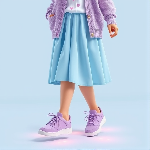 A woman donning a soft sky-blue skirt with lilac cardigan over a crisp white blouse adorned with petite pink hearts. The cardigan is open to showcase the blouse underneath. She wears stylish lavender sneakers that are embedded with twinkling LED lights, creating an illusion of tiny stars shimmering with each step she takes