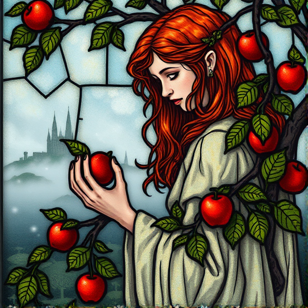 Red haired young Arthurian teenage princess picking apples on the foggy island of Avalon in the style of medieval stained glass