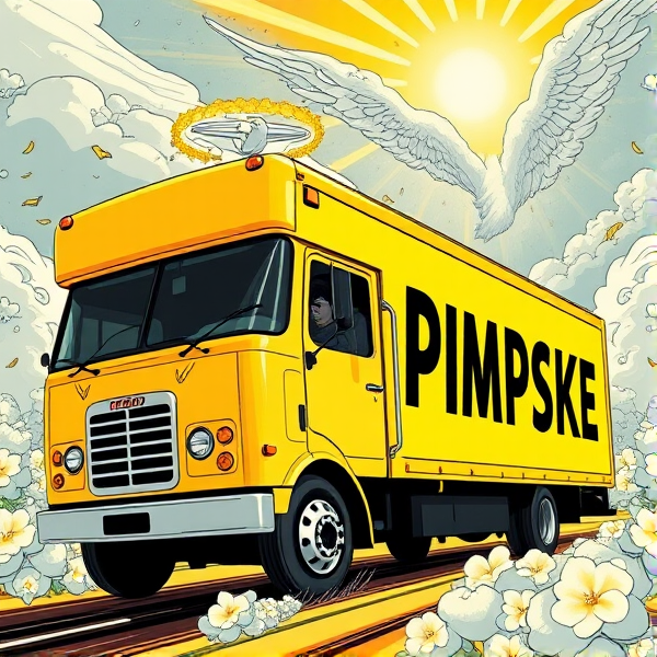 In heaven, all yellow moving truck that says the word "PIMPSKE" ON THE SIDE of trailer, black driver waving out window, truck is driving into heaven