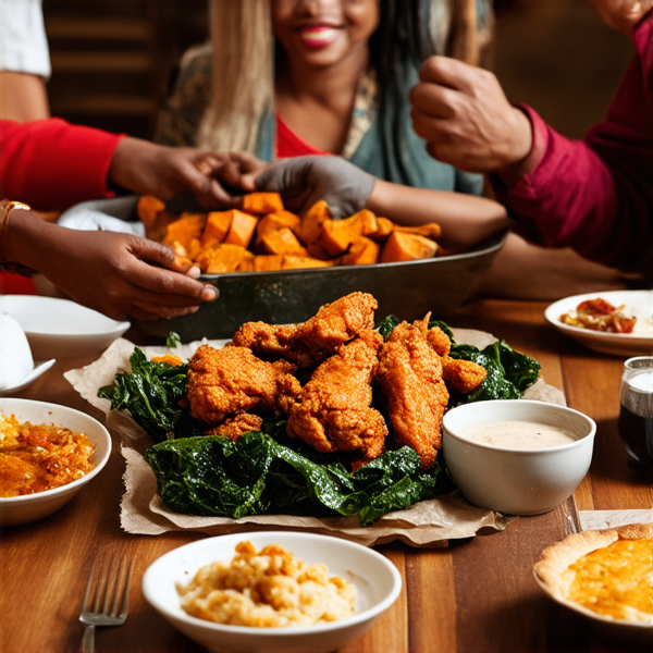 Repas de famille afro-américaine traditionnel, plusieurs générations réunies autour d'une grande table en bois rustique, débordante de plats faits maison typiques comme le poulet frit, les greens collards et la tarte de patate douce, ambiance chaleureuse avec des rires et des conversations animées, éclairage doux accentuant l'atmosphère conviviale