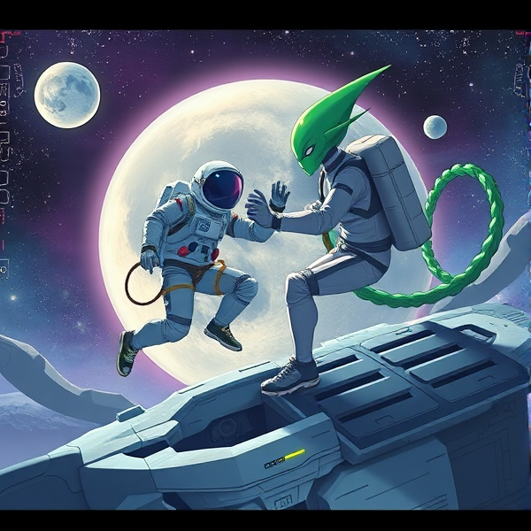 astronaut on the moon fighting a green alien