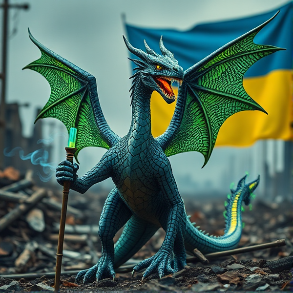 An exquisitely crafted wyvern, sleek and aerodynamic, with a pair of majestic wings adorning either side of its sinewy frame. Its scales are a marvel of complexity, akin to miniature circuit boards with interwoven lines that pulsate with an artificial glow, simulating the rhythmic beat of life. Plumes of digital smoke waft from its nostrils in sync with the deep, vibrating growls that reveal razor-sharp fangs aglow with electrical energy. Clutched in its clawed hand is a Caduceus staff, symbolizing healing and commerce. To honor cultural heritage and solidarity, elements reflective of the Ukrainian flag's blue and yellow hues are weaved into the creature's design. The wyvern stands dominant against a backdrop of stark ruin and decay characteristic of a world after collapse; in the distance unfurls the Ukrainian flag—halved horizontally, celestial blue atop vibrant yellow.