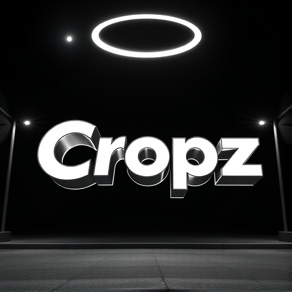 A highly detailed, high-contrast black and white 3D logo featuring the stylish, sans-serif, bold font word "Cropz" jumping out of a dark background, illuminated by a dramatic ring light that accentuates the model's curved, futuristic edges and smooth, metallic surfaces, evoking a sense of excitement and dynamism, rendered in a vivid, vibrant, high-gradation style reminiscent of Pixar animation, with crisp, sharp lines and geometric shapes, created using the powerful tools of Unreal Engine, Octane Engine, and V-Ray, with an overall aesthetic that is exaggerated, surreal, and eye-catching, taking inspiration from sci-fi and futuristic design.