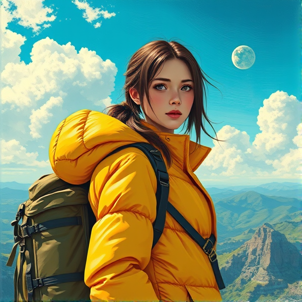 Lara Croft wearing a thick shiny yellow puffy jacket and backpack