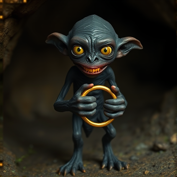 Make a photo of gollum from lord of the rings. He is about 3 feet tall, and is a skinny creature with black skin, only six teeth, and two large, luminous eyes. He has cold clammy hands and webbed feet. He stands in an underground cave, and holds a golden ring in his hands.