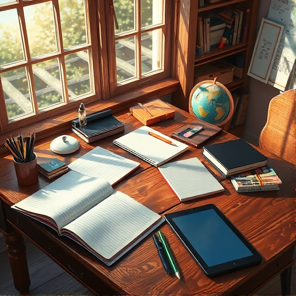 table en bois éclairée par la lumière naturelle de la fenêtre, couverte de fournitures scolaires comme des cahiers ouverts, des stylos, des crayons, une trousse, un globe terrestre et une tablette .