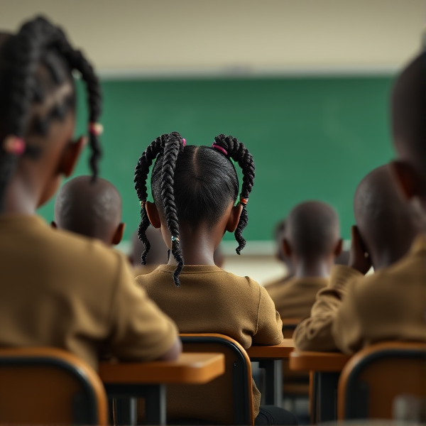 des filles noires de huit ans avec des tresses africaine et garçons assis dans une classe face au tableau vert
