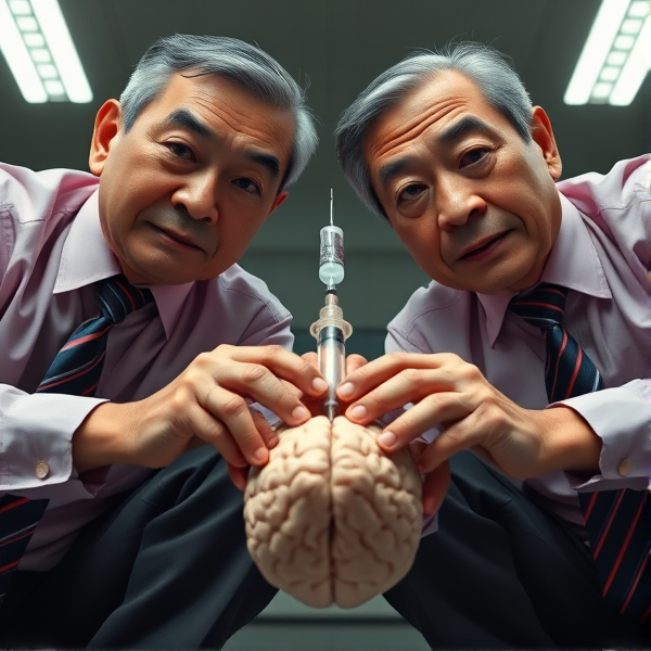 Deux hommes d'affaires chinois âgés sont accroupis côte à côte. Ils portent des longues cravates soyeuses aux motifs de rayures bleues et rouges, nouées parfaitement. Ils regardent droit dans l'objectif avec assurance, affichant des expressions graves et concentrées sur leurs visages éclairés. Chacun tient fermement une seringue hypodermique  plantée dans ce qui semble être une tête hors champ. La prise de vue en contre-plongée accentue leur stature dominante et imposante. Leurs chemises sont d'une teinte subtilement rose, apportant un contraste raffiné à leur tenue formelle. Les sourcils froncés et le regard perçant donnent à leur apparence un air intimidant qui évoque une certaine froideur implacable. Ensemble, ils pressent la seringue avec force, suggérant une destruction métaphorique du "cerveau" auquel elle est appliquée