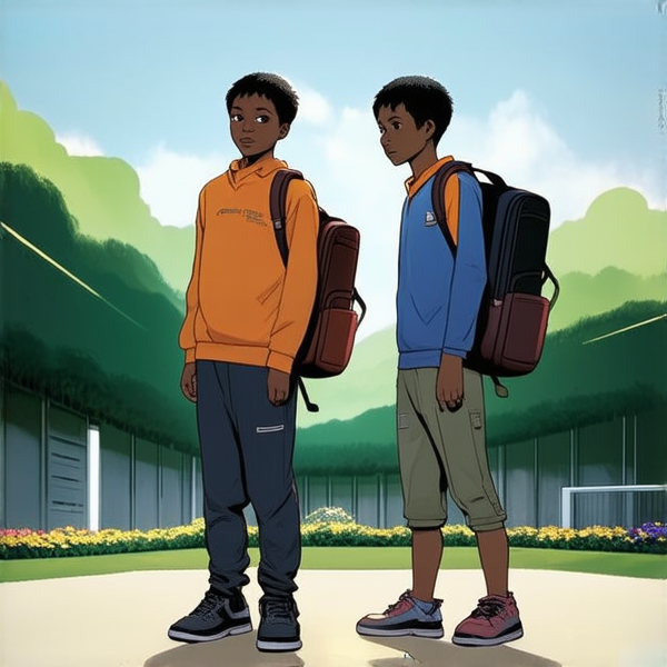 deux garçons noire agés de 12 ans et 14 ans avec des cartables dans la cour d'une école
