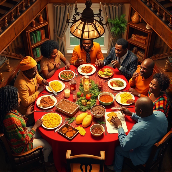 A lively African American big family gathering around a richly adorned dinner table, sharing a traditional soul food meal with dishes such as fried chicken, collard greens, macaroni and cheese, cornbread, and sweet potato pie, all set in a warm and inviting dining room filled with laughter and storytelling