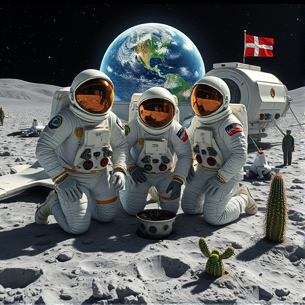 Trois astronautes, un humain et deux extraterrestres, posent sur la surface de la Lune. Le premier extraterrestre arbore une longue chevelure émeraude ondulant hors de son casque. Tous portent des combinaisons spatiales blanches aux détails ciselés, ornées de motifs dorés élaborés et d'incrustations perlées. Les combinaisons sont rehaussées par des accents chromés brillants et des écussons distinctifs liés à leurs missions. Ils s'agenouillent sur le sol lunaire qui offre une texture riche en détails et scintille sous les reflets miroitants du matériel spatial. Un géant extraterrestre bienveillant, à la peau iridescente capturant les nuances chatoyantes du cosmos, se tient à leurs côtés. Dans un biodôme transparent avec sol lunaire enrichi, un astronaute plante soigneusement des graines de pavot dans un système hydroponique sophistiqué sous un éclairage artificiel simulant le spectre solaire pour une photosynthèse terrestre. Les visières réfléchissantes des casques reflètent fidèlement le paysage alentour alors que les gants tactiles facilitent la manipulation précise d'instruments spécialisés. En arrière-plan, un module lunaire stylisé affiche fièrement l'emblème du Québec avec la Terre visible au loin, offrant ses couleurs naturelles contrastées. Autour du site s'étendent des instruments scientifiques de pointe tels que capteurs environnementaux et moniteurs de croissance végétale dotés d'intelligence artificielle, ainsi que des panneaux solaires flexibles agencés stratégiquement pour optimiser leur rendement. Un fanion du Manchester City Football Club flotte près du module habitable, symbolisant le mariage entre sport et exploration spatiale. Le terrain accidenté présente cratères saisissants et monticules lunaires qui contrastent avec ces installations humaines futuristes sur ce paysage extra-terrestre. Une lumière diffuse douce illumine la scène sous un ciel nocturne dense en étoiles précises, traversé par un dégradé allant du noir profond au bleu outremer lumineux. Près du biodôme se distingue un fier drapeau acadien à côté d'un vaisseau spatial extraterrestre avancé; autour se trouvent autres êtres cosmiques pacifiques accompagnés d'un drone futuriste - tous rassemblés non loin du fanion québécois emblématique. Des cactus lunaires apportent une touche organique à cette colonie cosmopolite accueillante