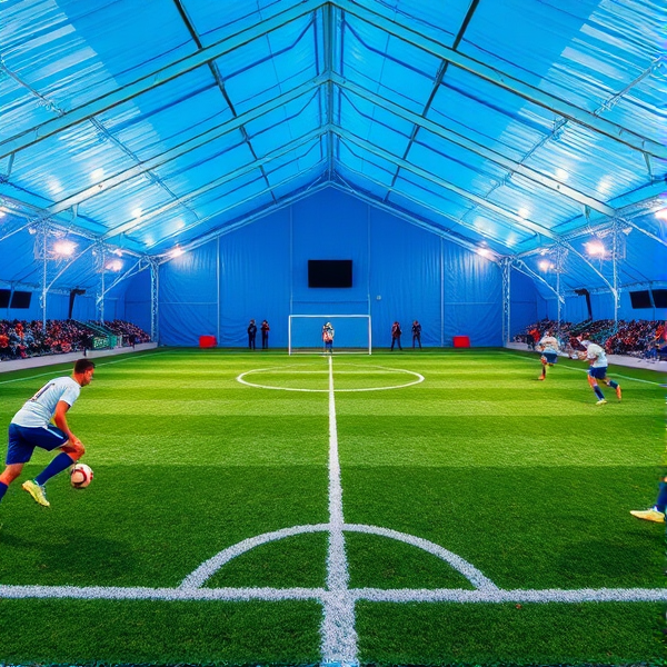A football game inside of a blue tent