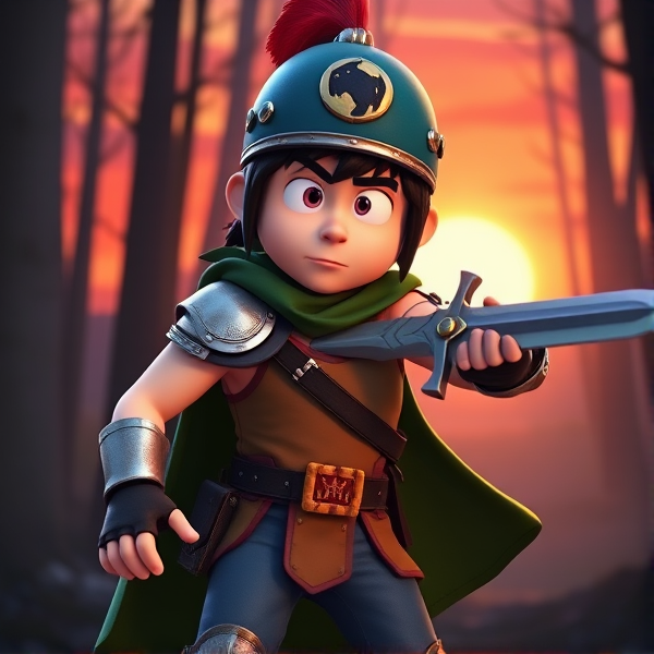 3D CGI Video Game Cutscene: Stan Marsh from South Park, light skin and black hair, but as a 14-Year Old teenager with an extremely muscular torso, dressed as a medieval knighted warrior with a light brown tank top, a black belt with a red buckle adorned with a castle emblem, with a few pouches and the scabbard for his sword attached to it, blue jeans, steel armored boots, jeweled wrist cuffs, a big and long green cape, and a blue helmet with one silhouetted buffalo head emblem on both sides, outlined by silver steel rims lined around and across the top, with a long red feather sticking out at the top, now known as Sir Marsh. Despite still being a teenage kid, he is the Youngest Commander of the Zaronian Army, and one of the youngest and greatest heroes hailing from South Park, Colorado, but now reborn as the real life Kingdom of Kupa Keep, Zaron. His weapon is the legendary enchanted sword called the Slashing Blade Of The Ranger, which he swings with pride as he slashes his enemies down to size. The scene shows the young teenage warrior knight currently in a dark forest, engaged in a sword fight against a goblin.