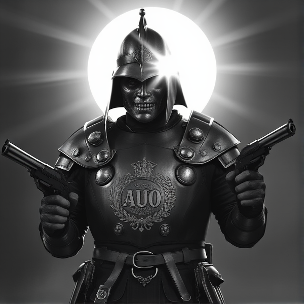 A detailed greyscale depiction of the iconic Australian outlaw Ned Kelly in his traditional armor, complete with his signature helmet. He stands defiantly with a pistol clutched in each hand. The chest piece is intricately engraved with the initials "AUO".