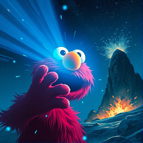 Elmo using a blue beam of light from his hands exploding a rock in the distance at night