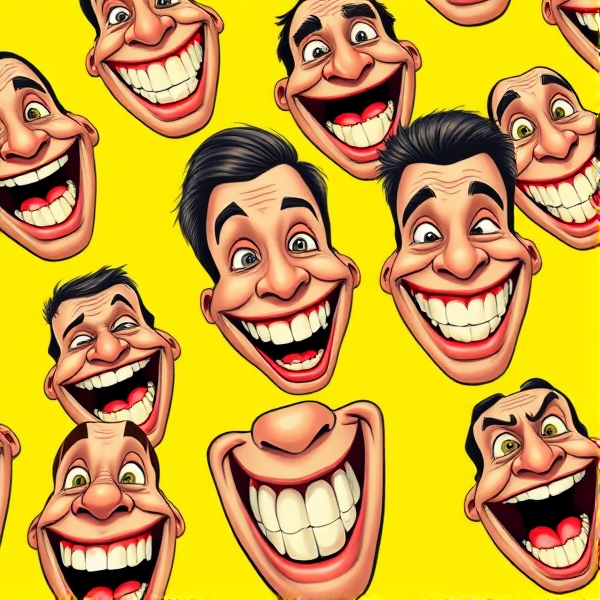 A vibrant yellow background filled with multiple caricatured faces, each boasting exaggerated smiles showcasing large, shiny yellow teeth