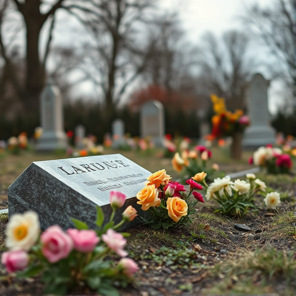 Far away grave with flowers in a grave yard