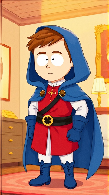 Clyde Donovan from South Park, light skin and brown hair, but as a 14-Year Old, dressed as a medieval prince with a red shirt with white sleeves, a black belt with a gold buckle, white pants, blue boots, blue long-cuffed gloves, and wreathed in a big blue hooded cape, now known as Prince Donovan. Despite still being a kid, he is the Youngest Ruler of South Park, Colorado, but now reborn as the real life Kingdom of Kupa Keep, Zaron, and Prince Donovan is its youngest and greatest hero. The young teenage prince of Kupa Keep is currently standing in his bedroom in his new home of Kupa Keep Castle, preparing to set out for adventure.