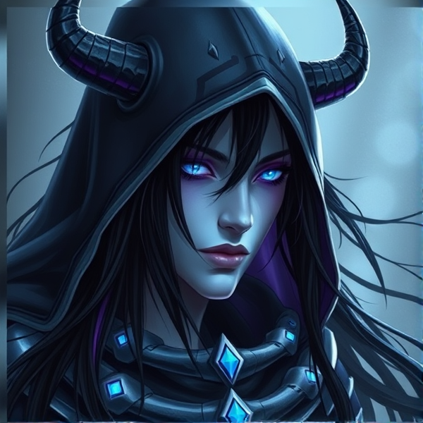 A tall long haired black haired void hunter with ivory skin with purple and blue gowey accents and no horns with pale skin and glowing blue eyes male wearing a hood