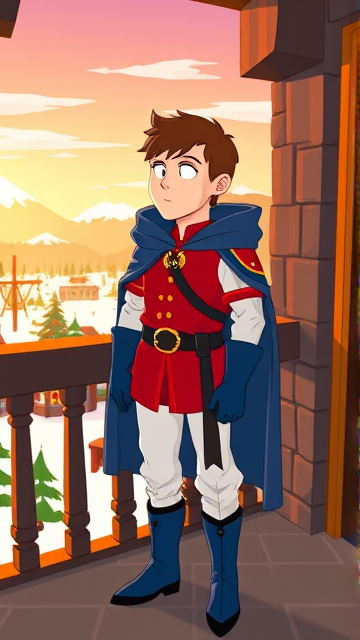 Clyde Donovan from South Park, light skin and brown hair, but as a 14-Year Old, dressed as a medieval prince with a red shirt with white sleeves, a black belt with a gold buckle, white pants, blue boots, blue long-cuffed gloves, and wreathed in a big blue hooded cape, now known as Prince Donovan. Despite still being a kid, he is the Youngest Ruler of South Park, Colorado, but now reborn as the real life Kingdom of Kupa Keep, Zaron, and Prince Donovan is its youngest and greatest hero. The young teenage prince of Kupa Keep is currently standing on his bedroom balcony in his new home of Kupa Keep Castle, looking at the amazing view of his newfound kingdom that was once the small mountain town he knew before.