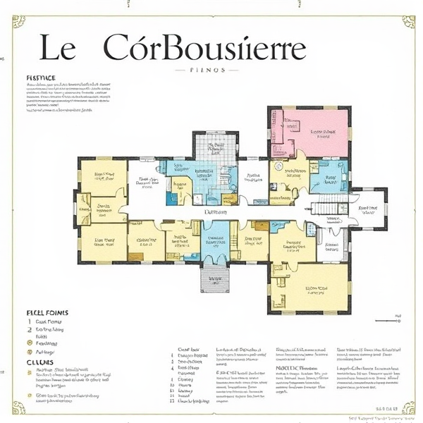 floor plan with text in the style of Le Corbousiere with colors