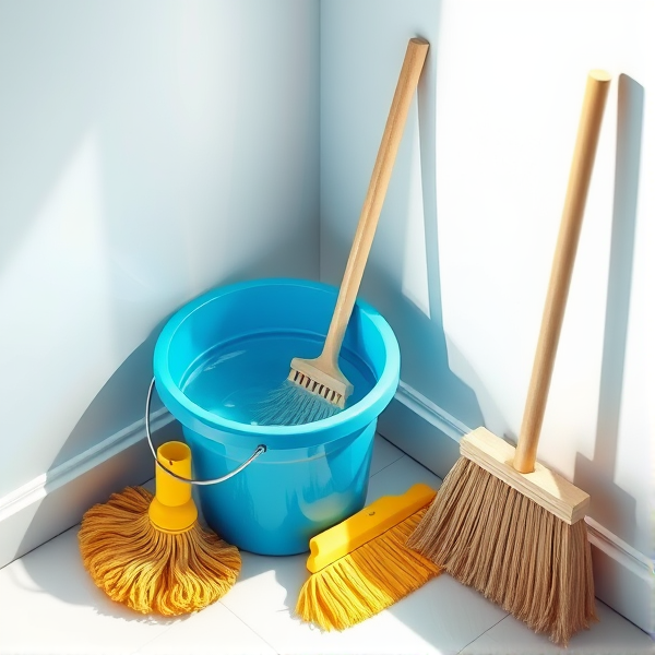 A meticulously arranged cleaning corner in a brightly lit room, featuring a shiny blue bucket filled with crystal-clear water, a neatly folded yellow mop resting beside it, a stiff-bristled scrub brush, and an upright broom with clean, natural straw bristles set against the wall. Soft shadows accentuate the textures of each object and the clean, tiled floor reflects the ambient light