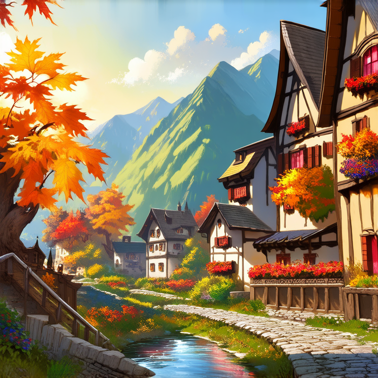 A serene medieval village nestled in the mountains during autumn, with cobblestone streets and half-timbered houses adorned with vibrant fall foliage, a crystal-clear stream running through the center, villagers in period clothing engaged in daily activities, the sky painted with a golden sunset glow, detailed trees and plants surrounding the scene