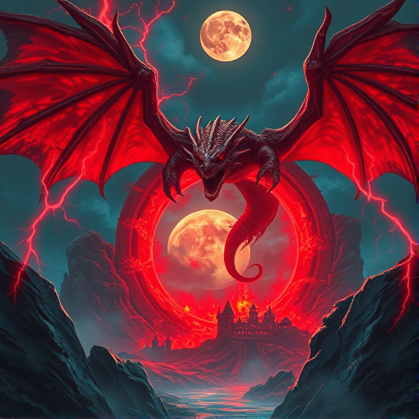 Dragon, hell, fire, red, cool, leader, night hellfire background, circular portal red, realistic, red lightning coming out and around the portal, hell castle in the background