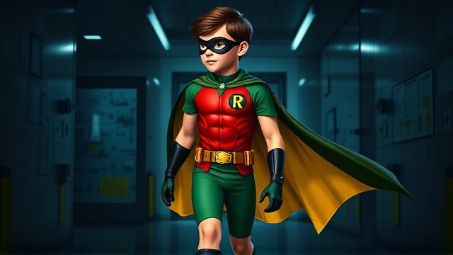 Movie Scene: A medium, preteen 12-year old boy with light skin and dark brown hair named Connor Bardley, but dressed as Robin, The Boy Wonder, with an extremely muscular body, a sleek green suit with a red torso with a black circle with a yellow R symbol on his left pectoral, a gold utility belt, black boots, black long-cuffed gloves, a really big, heel-length long, ultra-wide cape that's black on the outside and yellow on the inside, and a black eye mask. He has a special code: HE DOES NOT KILL. Young 12-year old Connor Bardley, now Robin, The Boy Wonder, is seen walking through a dark laboratory at night, looking for clues to the mystery he is trying to solve.