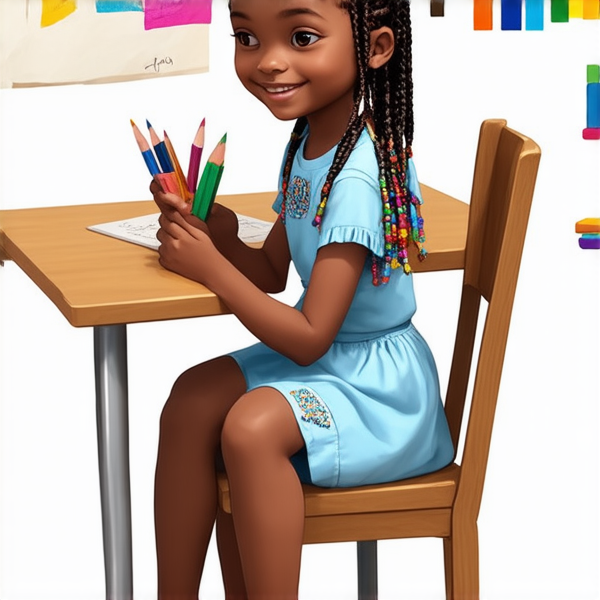 Jeune fille africaine de 8 ans portant une robe bleue ciel ornée de motifs traditionnels, ses cheveux tressés en nattes complexes avec des perles multicolores intégrées, souriant joyeusement, assise sur une chaise conçue pour enfant devant un bureau d'école en bois de teinte claire. La salle de classe est baignée de lumière naturelle et détaille des murs décorés avec des fournitures scolaires diverses et des dessins colorés créés par des enfants. Une enseignante bienveillante est discrètement présente à l'arrière-plan, supervisant la classe sans être l'élément central de l'image