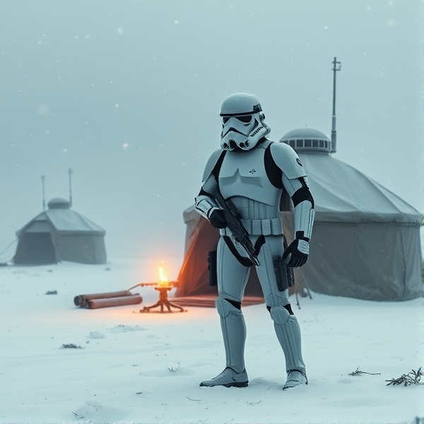 A storm trooper from Star Wars surviving on a small camp on a snowy planet alone
