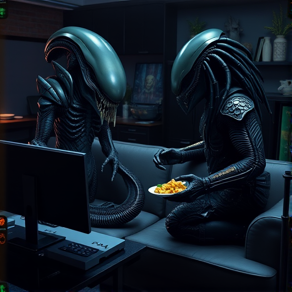 An exquisitely detailed Xenomorph, engaged with utmost concentration in 'Alien: Isolation' on a PS4, its intense focus reflected in its alien features. It sits comfortably on a sleek couch designed for its distinct form. Nearby, a Predator stands confidently, giving strategic guidance and encouragement to the Xenomorph like a seasoned coach to an engrossed player. The room is dimly lit to enhance the immersive gaming atmosphere, echoing a state-of-the-art gaming den with decor that intricately combines elements from both Xenomorph and Predator heritage. The ambiance boasts themed furniture and ornaments, fostering an authentic otherworldly vibe fitting for these legendary beings. Amidst the tension-filled gaming session, they share a common meal, adding a relatable human element to this remarkable scene as they interact with the camaraderie of two best friends