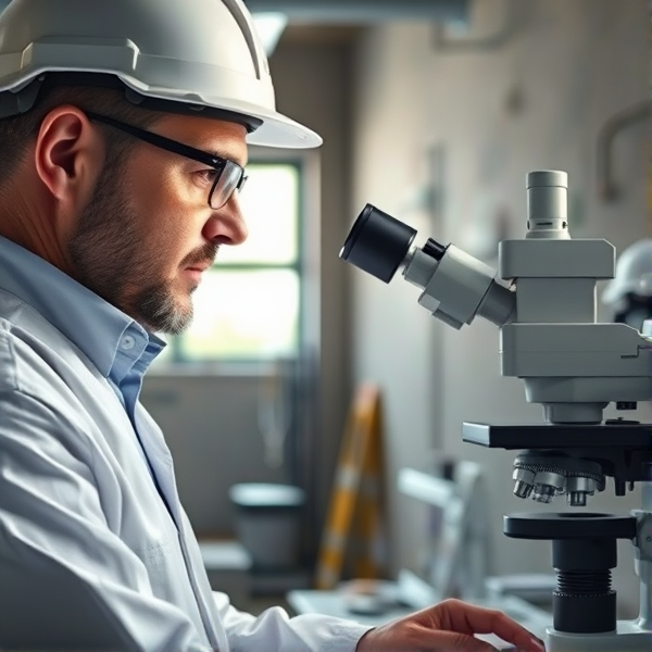 And Asbestos assessor assessing an asbestos job site followed by analysing air monitoring filter membranes using phase contrast microscope at laboratory.