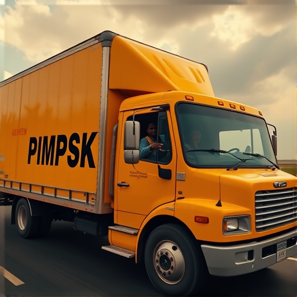 All yellow moving truck that says the word "PIMPSKE" ON THE SIDE, truck driving into heaven, black man waving out driver side window