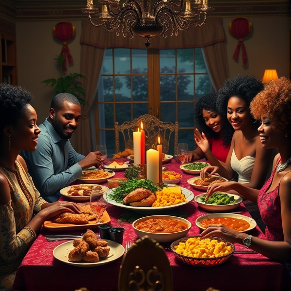 A lively African American family gathering around a richly adorned dinner table, sharing a traditional soul food meal with dishes such as fried chicken, collard greens, macaroni and cheese, cornbread, and sweet potato pie, all set in a warm and inviting dining room filled with laughter and storytelling
