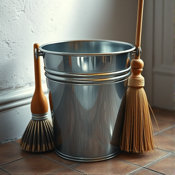 Seau d'eau en métal scintillant avec des reflets de lumière, accompagné d'une brosse aux poils robustes et d'un balai traditionnel en bois et paille, disposés de manière artistique au centre d'une pièce aux murs blanchis à la chaux et au sol carrelé de céramique ancienne