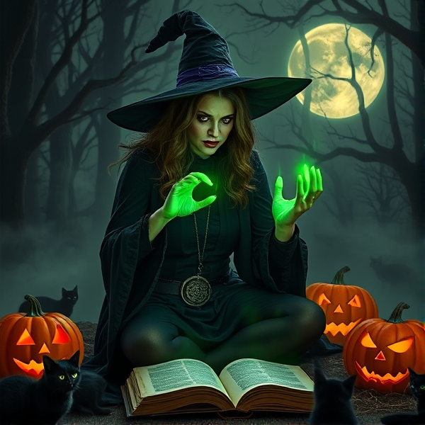 A sinister witch casting a spell in a moonlit, foggy forest on Halloween night, surrounded by jack-o'-lanterns and black cats, with ancient spell books open in front of her and green magical energy emanating from her fingertips