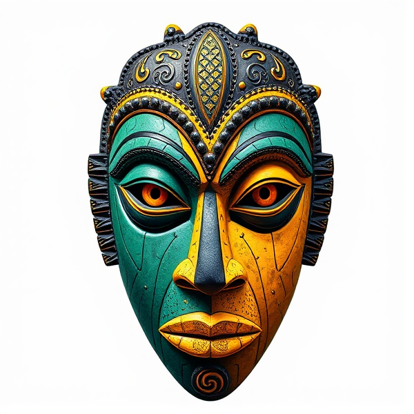 Masque africain en trois couleurs verticales vert jaune bleu