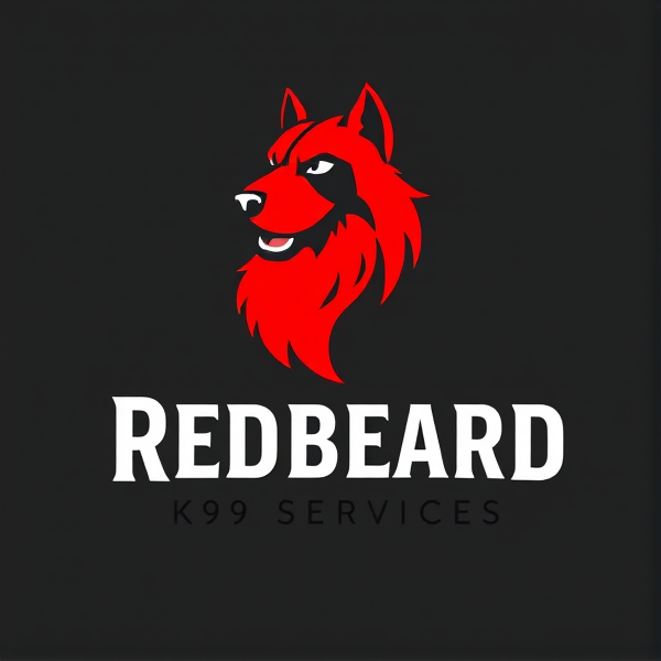 Logo design for Redbeard K9 Services featuring a stylized red beard integrated with a noble canine figure, embodying strength and loyalty, in a striking and professional emblem suitable for branding and corporate identity. The color palette should include shades of red for the beard, along with black and white accents, ensuring high contrast and visibility. The font should be bold and authoritative, yet accessible, positioned prominently beneath the logo graphic.