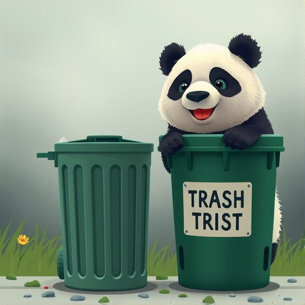 Panda with trash can with a slogan trash panda