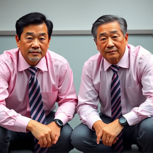 2 businessmen viril  japonais senior accroupis  avec une cravate à larges rayures large et chemise rose. Ils regardent la caméra.