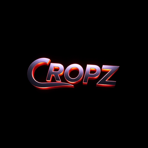 Highly detailed, high-contrast 3D logo of "CROPZ" designed in a sleek, stylish sans-serif and bold font, dynamically leaping from a pitch-black backdrop with intense and strategic illumination by the Capcut app logo. The logo features futuristic curves that are both sharp and fluid, exhibiting smooth metallic surfaces that reflect light, creating a sense of excitement and dynamism. Rendered to exhibit a rich and vivid Pixar-animation style characterized by crisp lines, pronounced geometric shapes, with an emphasis on vibrant color palettes and glossy finishes. Utilization of advanced rendering techniques inspired by Unreal Engine's realism, Octane Engine's lightning-fast ray tracing abilities, and V-Ray's global illumination for heightened visual impact. The overall aesthetic is amplified to be exaggeratedly surreal with a sci-fi inspiration that is strikingly eye-catching without any trace of subtlety or minimalism
