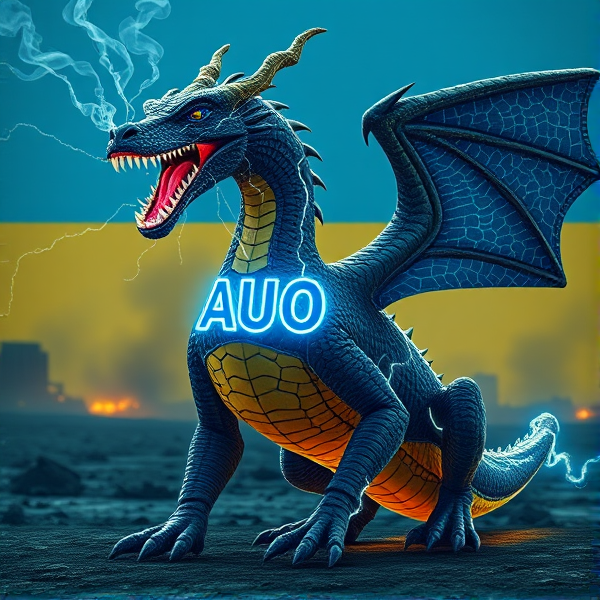 An intricately designed, streamlined wyvern bearing the vivid acronym "AUO" on its chest in a radiant, blue electric luminous font that casts an electric glow, emanating waves of intense energy. The dragon's scales are a masterpiece of detailed circuit patterns that shimmer with a lifelike electrical pulse. From its nostrils, ethereal streams of digital smoke curl upwards, timed with the deep, resonant roars that showcase its electrified sharp fangs. As a respectful nod to tribute and unity, incorporate elements of the Ukrainian flag within the composition. This majestic creature resides in a desolate post-apocalyptic landscape that accentuates its powerful presence. In the background is the Ukrainian flag, a rectangle, with the top half blue and the bottom half yellow.